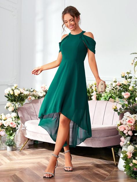 Free Returns ✓ Free Shipping✓. SHEIN Belle Cold Shoulder High Low Hem Chiffon Bridesmaid Dress- Bridesmaid Dresses at SHEIN. Asymmetrical Bridesmaid Dress, Ginny Dress, Off Shoulder Bridesmaid, Off Shoulder Bridesmaid Dress, Dresses Formal Elegant, Semi Formal Dress, Georgette Dress, Green Bridesmaid Dresses, Bridesmaid Dresses Online