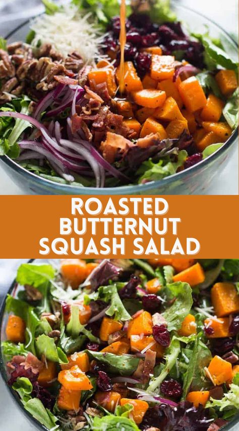 A bowl of roasted butternut squash salad with bacon, showcasing a healthy autumn salad option. Butternut Squash And Bacon, Salad With Roasted Butternut Squash, Salad With Butternut Squash, Roasted Butternut Squash Salad, Salad With Pecans, Healthy Autumn, Simple Balsamic Vinaigrette, Cut Butternut Squash, Butternut Squash Salad