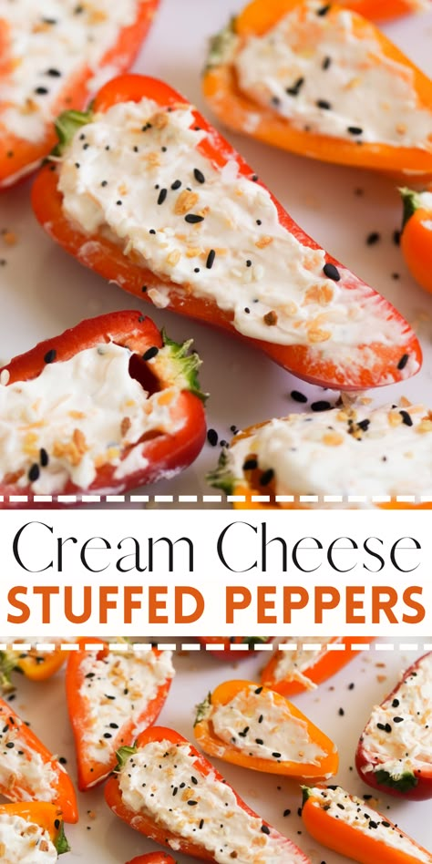 Cream Cheese Stuffed Peppers are an easy, customizable, and delicious appetizer or snack recipe! Stuffed with cream cheese, cheddar cheese, and everything bagel seasoning … these bite-sized 4 ingredient peppers can be served ooey-gooey hot or crunchy cold. They’re a low carb, low calorie, and colorful option perfect for every occasion! Snacking Peppers Recipe, Pepper Cream Cheese Stuffed, Appetizer For Diabetics, Stuffed Bell Pepper Appetizer, Healthy Snacks Peppers, Peppers Cream Cheese Everything Bagel, Green Pepper Cream Cheese Snack, Cold Stuffed Peppers, Peppers And Cream Cheese Snack