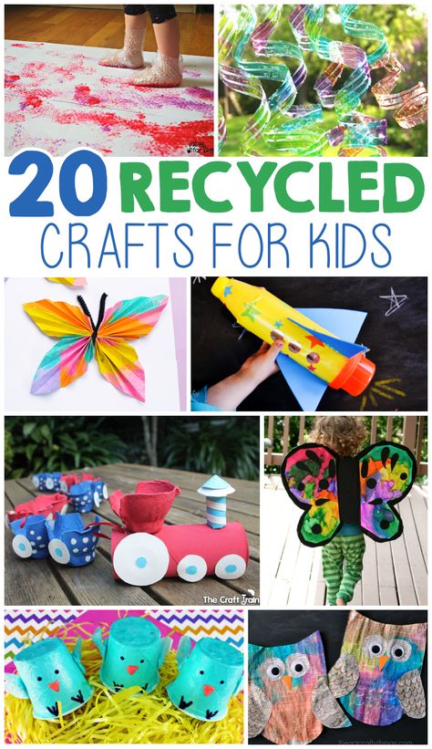 20 Kids Crafts From Recycled Materials Trash To Treasure For Kids, Trash Projects, Recycled Crafts Kids Preschool, Recycled Crafts For Kids, Recycling Projects For Kids, April Ideas, Recycling Activities, Kids Holidays, Styrofoam Crafts