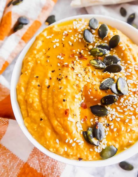 Savory Pumpkin Spice Hummus - Perchance to Cook Fall Hummus, Pumpkin Hummus Recipe, Fall Appetizer, Savory Pumpkin, Hummus And Pita, Pumpkin Hummus, Fall Appetizers, Thanksgiving Friendsgiving, Pumpkin Spice Syrup