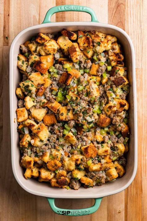 Italian Sausage Stuffing with Parmesan Sip And Feast Recipes, Italian Sausage Stuffing, Gluten Free Stuffing Recipes, Classic Stuffing Recipe, Vegetarian Stuffing, Sausage Stuffing Recipe, Dressing Stuffing, Sage Stuffing, Sip And Feast