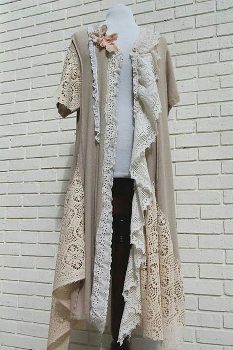 Longcoat T Shirt Makeover, Clothing Upcycle, Shabby Chic Clothes, Repurposed Clothing, Altered Couture, Altering Clothes, Linens And Lace, Recycle Clothes, Refashion Clothes