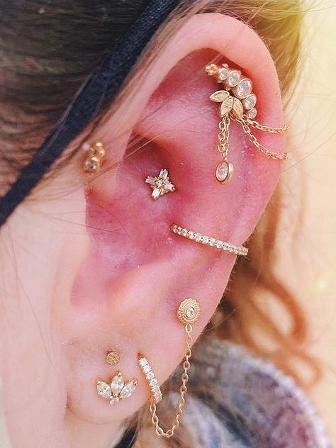 Layered Piercings, Lobe Stack Piercing, Double Stacked Lobe Piercing, 3 Lobe Piercings And Conch, Stacked First Lobe Piercing, Four Lobe Piercings, Conch And Daith Piercing, Triangle Stacked Lobe Piercing, Double Lobe Helix And Conch