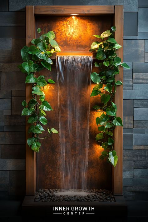 Indoor waterfall feature with lush green plants and warm backlighting creating a serene atmosphere. Zen Water Fountain Indoor, Vertical Water Feature, Front Entry Water Feature, Courtyard With Water Feature, Living Room Water Feature, Front Yard Water Feature Ideas, Water Body In House, Water Body Design, Modern Water Feature Wall