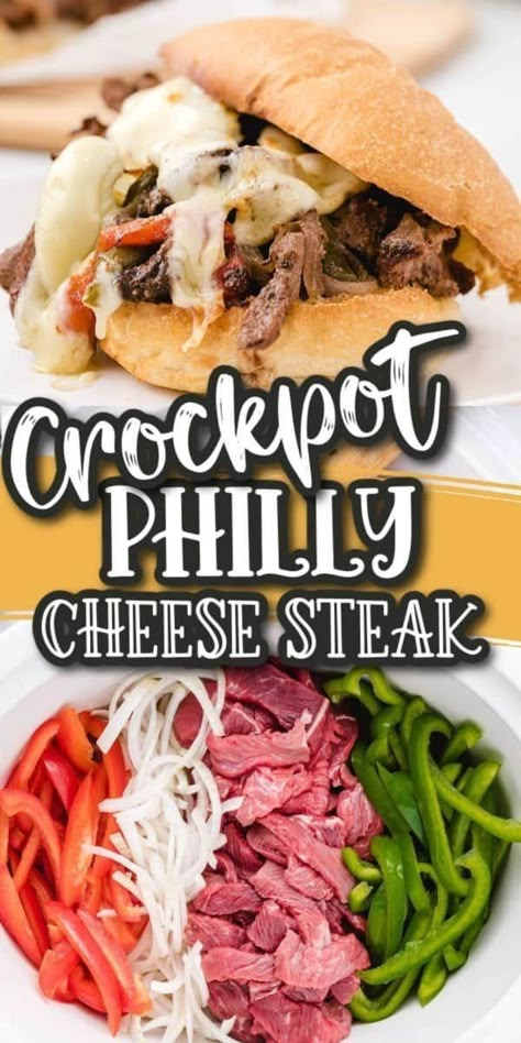 Crockpot Philly Cheesesteak, Philly Cheese Steak Crock Pot, Crockpot Steak Recipes, Philly Cheesesteak Recipe, Beef And Veggies, Crockpot Steak, Cheesesteak Recipe, Easy Crockpot Dinners, Crockpot Dinners