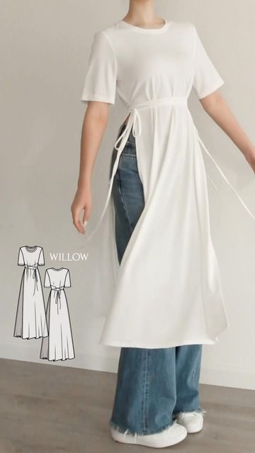 Pattern Design For Dress, Dresses With Jeans Outfit, Dress Sewing Designs, Jeans Over Dress, Sewing Outfit Ideas, Jeans And Dress Outfit, T Shirt Pattern Sewing, Dress With Jeans Outfit, Dress On Jeans