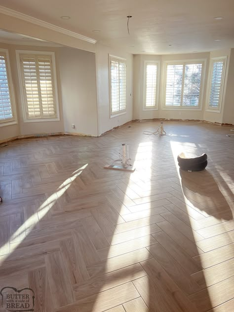 KITCHEN REMODEL: WEEK 9 HERRINGBONE FLOORS - Butter with a Side of Bread Mixing Wood Floors Transition, Herringbone Lvp Kitchen, Herringbone Floor Open Plan, Lifeproof Chevron Flooring, Chevron Tile Kitchen Floor, Herringbone Luxury Vinyl Plank Flooring, Chevron Vs Herringbone Floors, Tile Floors In Bedroom, Herringbone Floors Kitchen