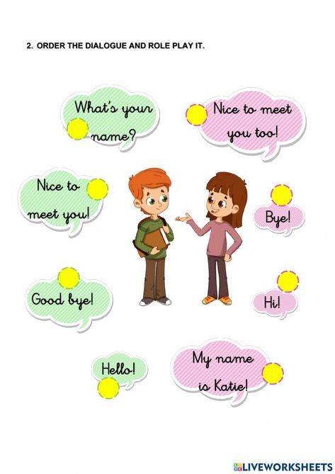 Greeting Worksheet English, Greetings Worksheets, Conversation For Kids, English Primary School, English Conversation For Kids, English Homework, Speaking Cards, Short Conversation, Everyday English