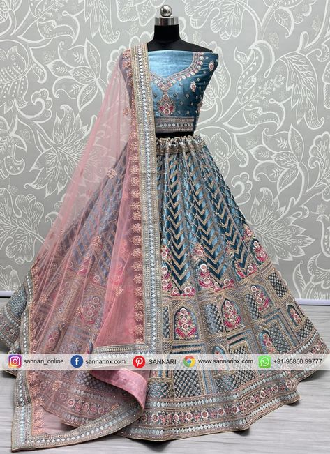 Velvet Dori Work Aqua Blue Lehenga Choli Pakistani Wedding Lehenga, Velvet Choli, Velvet Lehenga Choli, Bride Lehenga, Green Lehenga Choli, Velvet Dupatta, Dori Work, Ghaghra Choli, Indian Wedding Lehenga