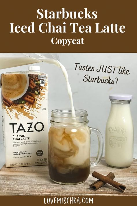 White milk is poured into a mason jar glass filled with iced cubes and dark brown chai concentrate to create white, tan, and brown swirls in the iced chai latte. The latte sits between a tall carton of Tazo Classic Chai Latte concentrate and a milk bottle full of white milk. There is also two layered sticks of brown cinnamon nearby. Chai Tea Latte Concentrate Recipe, Chi Tea Latte Recipe, Tazo Chai Tea Latte Recipe, Starbucks Iced Chai Tea Latte Recipe, Chai Tea Latte Iced, Vanilla Chai Tea Latte Recipe, Chia Tea Recipe, Starbucks Chai Tea Latte Recipe, Chia Tea Latte Recipe