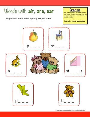 Worksheet | Words With : air, are, ear | Write the three letter combinations, air, are, or ear to complete each word. Holiday Homework, Tracing Sheets, Spelling Worksheets, Sound Words, Phonics Reading, 1st Grade Worksheets, Phonics Worksheets, Chilli Pepper, Kindergarten Worksheets