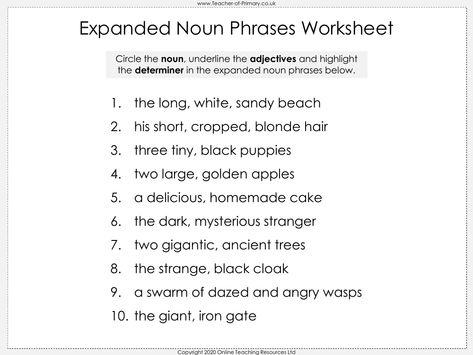 Expanded Noun Phrases - Worksheet | English Year 3 Expanded Noun Phrases Worksheets, Noun Phrases Worksheets, Expanded Noun Phrases, Nouns Worksheet, English Teaching Resources, Grammar And Punctuation, Learning Goals, Year 3, Learn English Words