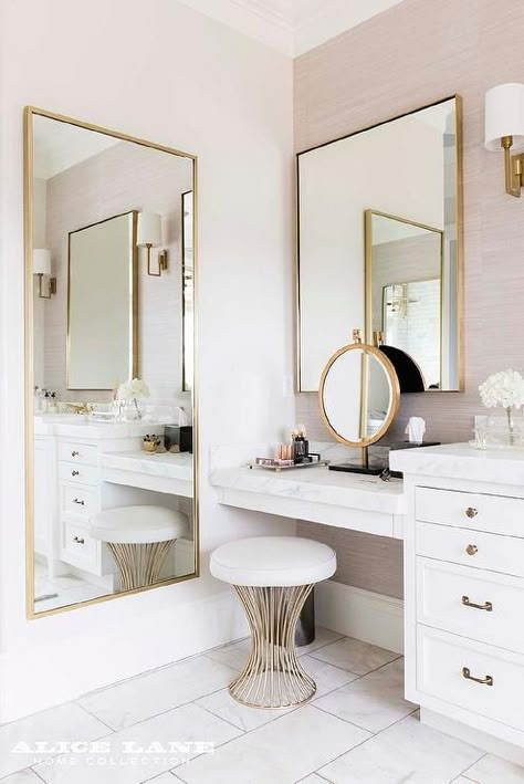 Gold full-length mirror beside a makeup vanity topped with marble counters dropped from a washstand with white shaker cabinets and brass hardware. Design Blogs, Trendy Bathroom, Simple Bathroom, Beauty Room, Makeup Vanity, Design Case, Dressing Table, 인테리어 디자인, Dressing Room