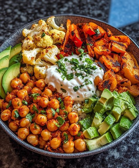 Buddha Bowl With Chickpeas, Savoury Yogurt Bowl, Cauliflower Quinoa Bowl, Chickpea Grain Bowl, Cauliflower Poke Bowl, Healthy Eating Vegetarian Meal Plan, Clean Eating Vegetarian Meal Plan, Roasted Veggie And Chickpea Bowls, Roasted Vegetables Bowl