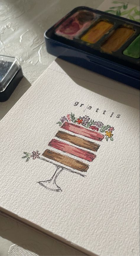 Cake Board Painting Ideas, Happy Birthday Acrylic Painting, Birthday Cake Drawing Aesthetic, Birthday Cake Paint, Watercolor Cake Painting, Cake Watercolor Painting, Watercolour Birthday Cards, Easy Watercolor Birthday Cards, Happy Birthday Watercolor Card