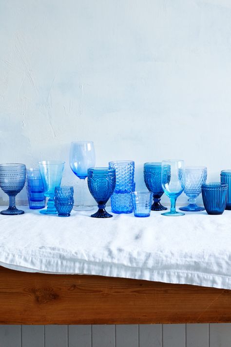 Blue Water Glasses Wedding, Mix And Match Glassware, Blue Glass Cups, Blue Glassware Wedding, Thrifted Cups, Glasses Table Setting, Blue Glass Decor, 1989 Party, Cobalt Blue Glassware