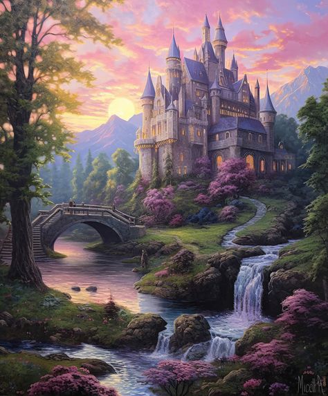 Castle Acrylic Painting, Massive Castle, Castle Landscape, Castle Painting, Fairytale Aesthetic, Fairy Castle, Flowers Water, Castle Aesthetic, Water Nature