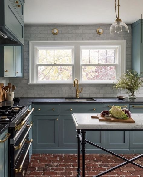 Unique red brick floor with blue kitchen cabinets! #interiordesign #interiordecor #interiorinspo #remodel #renovation #kitchen Dark Countertops, Bespoke Kitchen Design, Black Granite Countertops, Black Countertops, Victorian Kitchen, Blue Cabinets, Brick Flooring, Modern Victorian, Kitchen Cabinet Colors