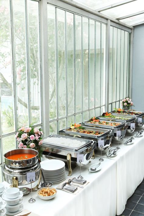 The Buffet by Boga Catering - 001 Bufette Ideas, Wedding Buffet Table Decor, Buffet Table Settings, Wedding Buffet Table, Party Buffet Table, Buffet Set Up, Wedding Buffet Food, Catering Table, Decoration Buffet