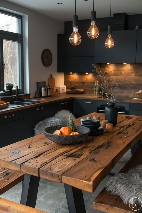 Black Scandinavian Kitchen, Black And Wood Kitchen, Dapur Skandinavia, Kitchen Scandinavian Style, Modern Konyhatervezés, Scandinavian Interior Kitchen, Dapur Rustic, Scandinavian Kitchens, Model Dapur