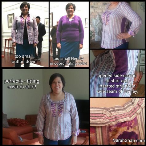 Make a too small shirt fit perfectly - add a side panel from another shirt. http://www.sarahshah.com/blog/index.php/2015/tailoring-making-a-button-down-shirt-bigger/ Basic Blouse Pattern, Embroidery Mending, Refashioning Clothes, Asymmetric Blouse, Clothing Refashion, Sewing Upcycling, Refashioned Clothing, Clothing Alterations, Cycling T Shirts