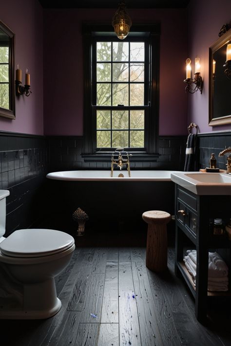 Goth Home Color Palette, Deep Color Bathroom, Purple And Black Bathroom Ideas, Dark Plum Bathroom, Moody Bathroom Aesthetic, Moody Purple Bathroom, Dark Purple Bathroom Ideas, Deep Purple Bathroom, Black And Purple Bathroom