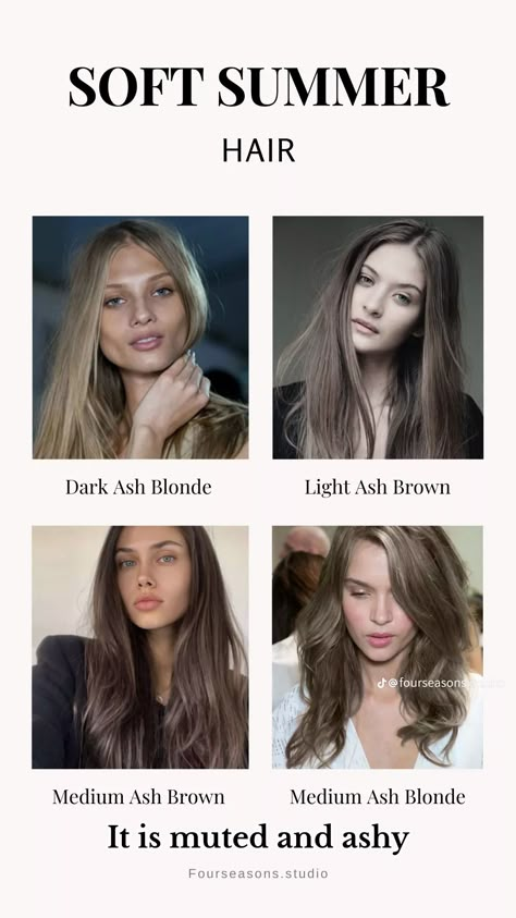 Hair Colour For True Summer, Hair For Cool Summer Skin Tone, Summer Color Palette Hair Colour, Summer Color Analysis Hair, Hair Colors For Summer Palette, Soft Summer Hair Color Brown, Hair Colour For Summer Skin Tone, Hair Colour Soft Summer, Soft Summer Best Hair Color