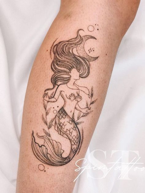 Awesome Mermaid Tattoo Mermaid Flowers Tattoo, Witchy Mermaid Tattoo, Unique Mermaid Tattoo, Moon Mermaid Tattoo, Mermaid And Fairy Tattoo, Mermaid Tattoo Ideas For Women, Mermaid Thigh Tattoo, Circuit Stickers, Mermaid Sleeve Tattoos