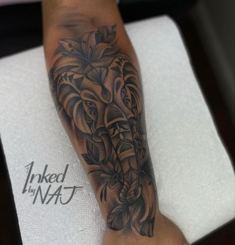 Elephant Tattoo Design For Women Arm, Women Quarter Sleeve Tattoo, Forearm Tattoo Black Women, Elephant Tattoos Black Women, Outer Arm Tattoos For Women, Outer Forearm Tattoos Women, Outer Arm Tattoo, Tattoo Designs Watercolor, Tattoo Designs Mandala