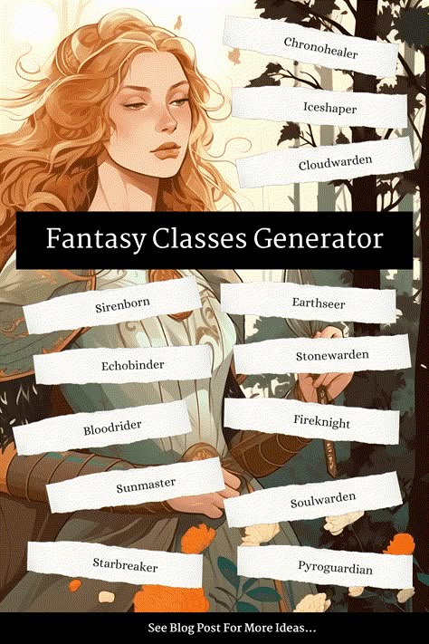 Our Fantasy Classes Generator is here to jumpstart your imagination. This clever tool goes beyond the typical fighter-mage-rogue trio. Dragon Names Generator, Warrior Cats Name Generator, Book Title Generator, Dinosaur Books For Kids, Dystopian Writing Prompts, Fairy Tale Writing, Writing Prompts Poetry, Fantasy Classes, Fantasy Character Names