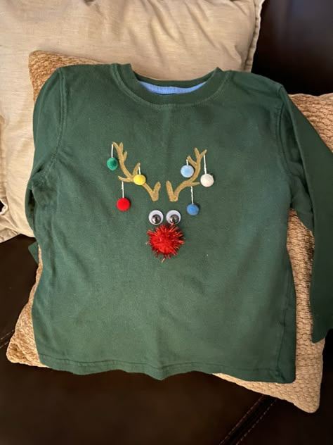 Tacky Christmas Sweater For Kids, Ugly Shirts For Christmas, Ugly Tshirt Ideas Diy, Easy Ugly Christmas Sweater Diy Kids, Cute Diy Christmas Sweaters, Diy Christmas T-shirt, Kid Ugly Christmas Sweater Diy, Toddler Ugly Christmas Sweater Diy, Diy Christmas Sweater For Kids