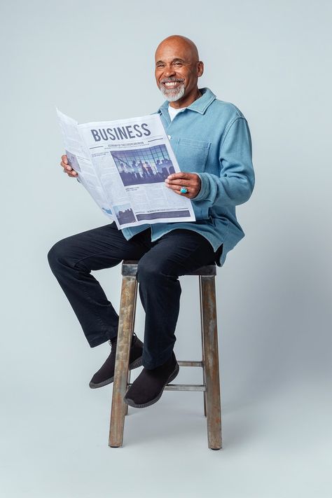 Black man on a stool reading a newspaper | premium image by rawpixel.com / McKinsey Reading Newspaper Pose, Person Reading Newspaper, Old Man Reading Newspaper, Drawing Practice Reference, Man Reading Newspaper, Newspaper Photography, Tommy Egan, Paper Person, Sat Reading