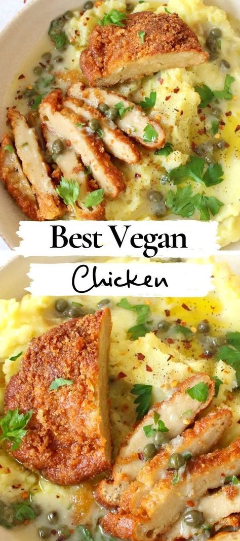 Best Vegan Chicken recipe made of a perfect mix of seitan and tofu for the most tender and meaty texture. Incredibly delicious fried as cutlets or nuggets and toped with a luscious Piccata sauce. Serve with mashed potatoes as a vegan Thanksgiving turkey alongside a green bean casserole and stuffing, or anywhere you would use chicken breast. Vegan Breaded Chicken, Vegan Chicken Recipes Dinners, Vegan Thanksgiving Turkey, Best Vegan Chicken, Vegan Chicken Recipes, Veggie Society, Dinner For Him, Seitan Chicken, Piccata Sauce