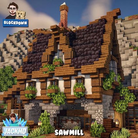 Minecraft Sawmill Ideas, Minecraft Medieval Fantasy Builds, Minecraft Inn Interior, Medium Sized Minecraft Houses, Fwhip Minecraft Builds, Blockdown Builds, Minecraft Fletcher House, Mountain Home Minecraft, Minecraft Sawmill