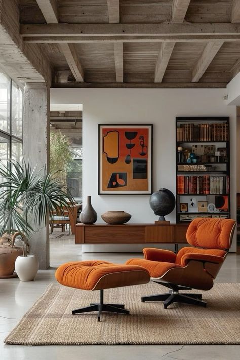 Modern Simple Home Design, Cozy Living Room Sofa, Living Room Designs Modern Cozy, Modern Chairs For Living Room, Loft Living Room, Modern Apartment Interior, Orange Rooms, Mid Century Modern Interior Design, 70s Interior