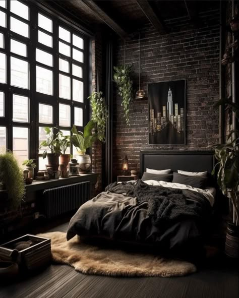 Dark Boho Bedroom, Casa Country, Dark Bedroom, Industrial Bedroom, Dark Home Decor, Black Bedroom, Dark Home, Romantic Bedroom, Bedroom Aesthetic