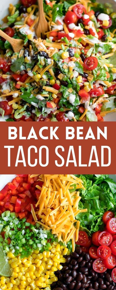 black bean taco salad with peppers, tomato, corn, beans, cheese, and scallions Black Bean Taco Salad, Creamy Salsa Dressing, Good Vegetarian Recipes, Bean Taco Salad, Recipes Healthy Vegetarian, Salsa Dressing, Simple Vegetarian Recipes, Creamy Salsa, Black Bean Tacos