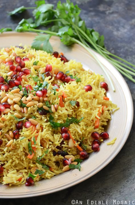 Jewel-Toned Sweet and Savory Basmati Rice Pilaf with Pomegranate Recipe Basmati Rice Pilaf, Middle Eastern Rice, Easy Rice Pilaf, Pomegranate Recipes, Rice Recipes For Dinner, Rice Risotto, Rice Side, Rice Side Dishes, Holiday Side Dishes