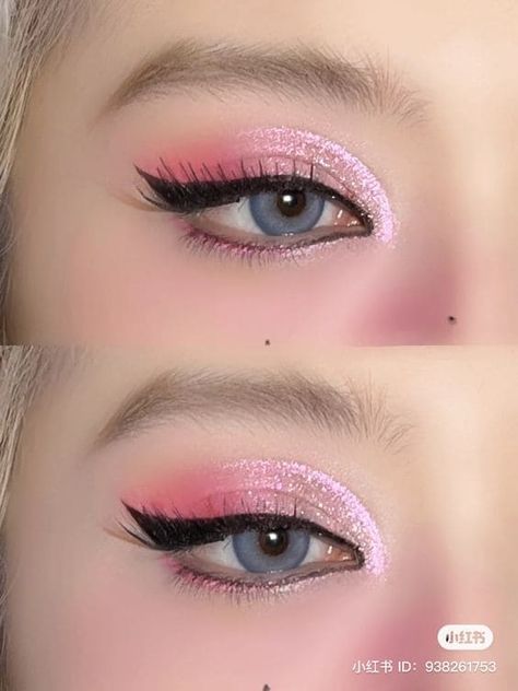 glitter eyeshadow look: pink Bubblegum Eye Makeup, Pink Oc Art, Pink Fairy Makeup Looks, Pastel Pink Eyeshadow, Pink Fairy Makeup, Pink And White Makeup, Glitter Eyeshadow Looks, Bold Lipstick Makeup, Pink Eye Makeup