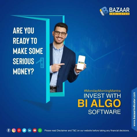 Are you ready to make some serious Money?? Invest with BI Algo Software! #Stockmarket #Algo #Traders #Trading #daytrading #StockIndicator #AlgoTrading #Stockbroker #Investment #Investor #Trading #finance #daytrader #profit #highreturns #success #BazaarIndicator #Surat Visit our website: https://www.bazaarindicator.com/ Follow and like: https://www.facebook.com/bazaarindicator.brand/ https://www.instagram.com/bazaarindicator/ https://www.linkedin.com/company/bazaar-indicator/ https://twitte Money Investment Creative Ads, Finance Creative Ads, Trading Social Media Post, Investment App, Money Investment, Morning Mantra, Media Advertising Design, Stock Trading Strategies, Social Media Advertising Design