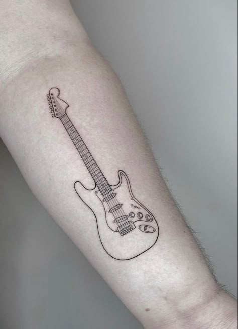 Fineline Guitar Tattoo, Music Tattoo Guitar, Fender Stratocaster Tattoo, Line Guitar Tattoo, Fender Strat Tattoo, Guitar Tattoo Aesthetic, Guitar Outline Tattoo, Guitar Aesthetic Tattoo, Mini Guitar Tattoo