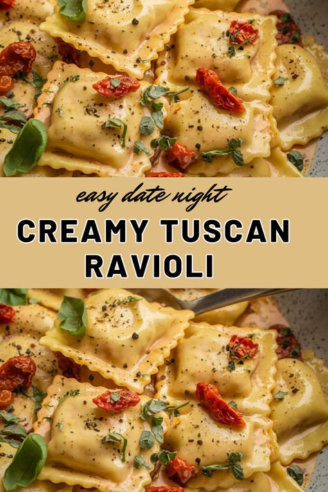 🍝 Transform date night with this Easy Creamy Tuscan Ravioli! A romantic 20-minute meal featuring pillowy ravioli in a luxurious garlic cream sauce with sun-dried tomatoes & spinach. Perfect for impressing your special someone! Check out my blog for the complete recipe and wine pairing suggestions. ❤️ #datenight #tuscancooking Ravioli Sauce Creamy, Ravioli In Cream Sauce, Homemade Stuffed Ravioli, White Sauce Ravioli Recipe, Authentic Italian Ravioli Recipes, Simple Ravioli Recipe, One Pot Ravioli Recipe, Ravioli Alfredo Recipe, Creamy Ravioli Recipe