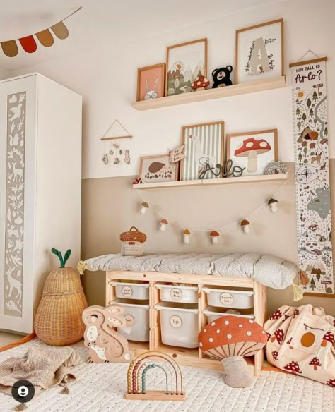 Ikea Kids Hack, Playroom Trofast, Kidsroom Ikea, Girls Woodland Bedroom, Mushroom Garland, Woodland Kids Room, Woodland Room, Themed Kids Room, Kids Playroom Decor