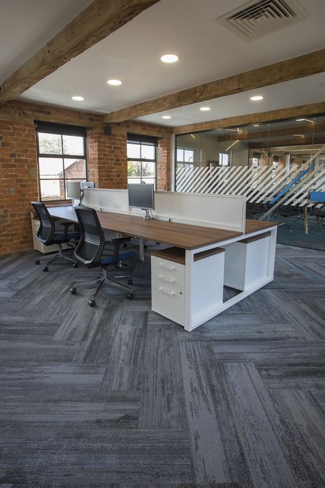 Workspace at Advanced Commercial Interiors’ offices in Nottingham Commercial Interiors Office, Furniture Installation, Cheap Office Furniture, Commercial Office Design, Commercial And Office Architecture, Cool Office Space, Commercial Office Space, Modern Office Interiors, Commercial Office Furniture