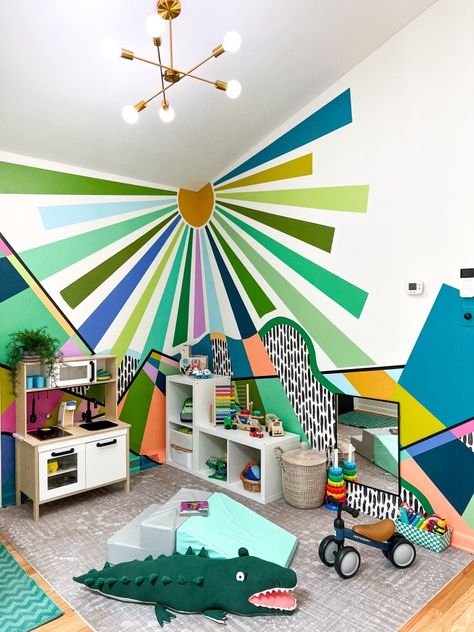 Colorful Playroom Playroom Paint, Playroom Mural, Indoor Playroom, Diy Playroom, Colorful Playroom, Play Corner, Preschool Rooms, Play Cafe, Kids Room Murals