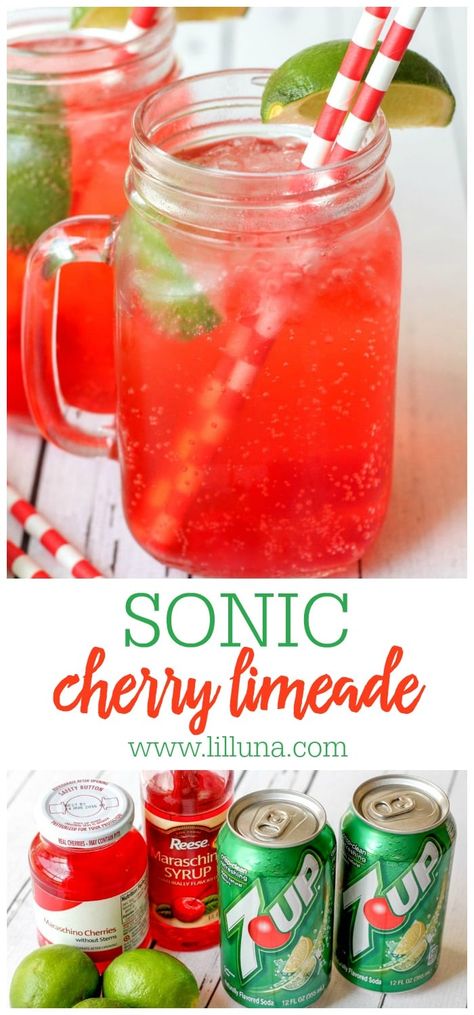 Delicious copycat recipe for Sonic's Cherry Limeade! Ingredients include 7-Up, cherries, a lime, and maraschino syrup. This simple recipe tastes just like the real thing. #copycatsoniccherrylimeade #cherrylimeade #soniccherrylimeade #cherry #soniccopycat Cherry Limeade Recipe, Sonic Cherry Limeade, Limeade Drinks, Limeade Recipe, Party Punch Recipes, Punch Drinks, Drink Recipes Nonalcoholic, Summertime Drinks, Cherry Limeade