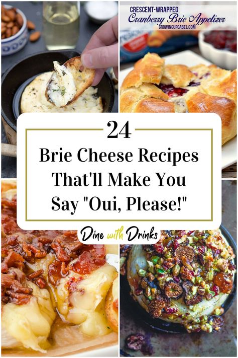 Collage of 4 brie cheese recipes. Brei Cheese Recipes Brie Appetizer, Italian Brie Appetizer, Brie Brunch Recipes, Bre Cheese Dip, French Brie Appetizer, Dinner With Brie Cheese, Goat Cheese Brie Recipes, Ways To Use Brie Cheese, What To Make With Brie Cheese