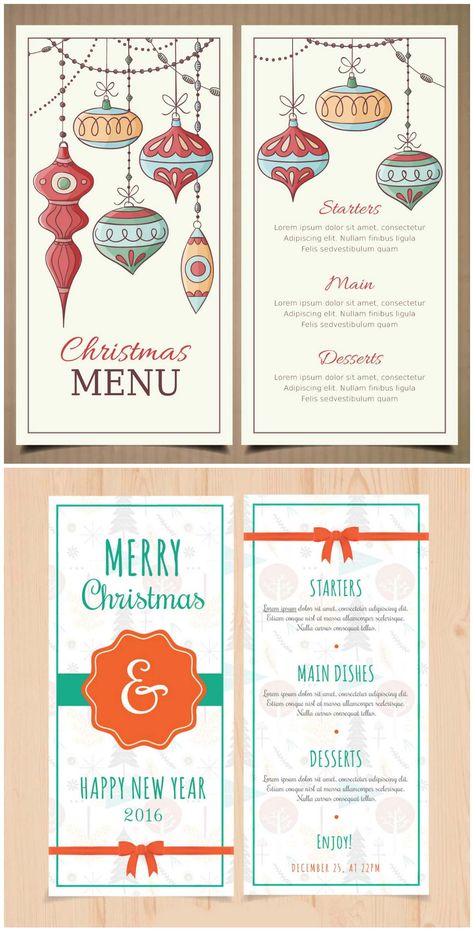 Christmas and New Year menu templates with retro baubles Xmas Menu Design, New Year Menu Design, Cafe Poster Design, Christmas Dessert Menu, Christmas Menu Design, Christmas Menu Template, Christmas Card Wishes, Xmas Menu, New Year Menu