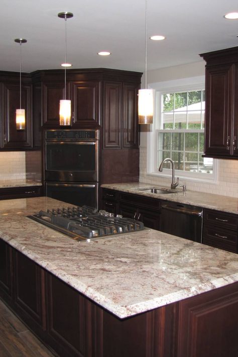 White Springs Granite, Dark Brown Kitchen Cabinets, Dark Brown Kitchen, Brown Granite Countertops, Dark Brown Cabinets Kitchen, Dark Wood Kitchen Cabinets, Dark Brown Cabinets, White Granite Countertops, Brown Kitchen Cabinets